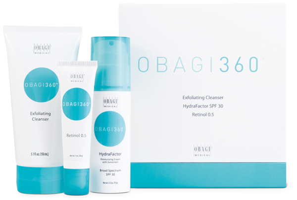 Exfoliating cleanser, retinol 0.5 and moisturising cream with unclean all next to a OBAG 360 packaging box